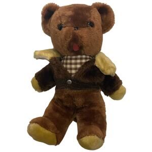 Vintage Teddy Bear In Brown Check Shirt And Coat Stuffed Animal Plush Toy 1980s?